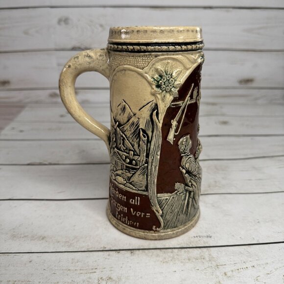 Vintage German Beer Stein Hand-Painted Alpine Couple Mountain Cabin - Picture 2 of 8